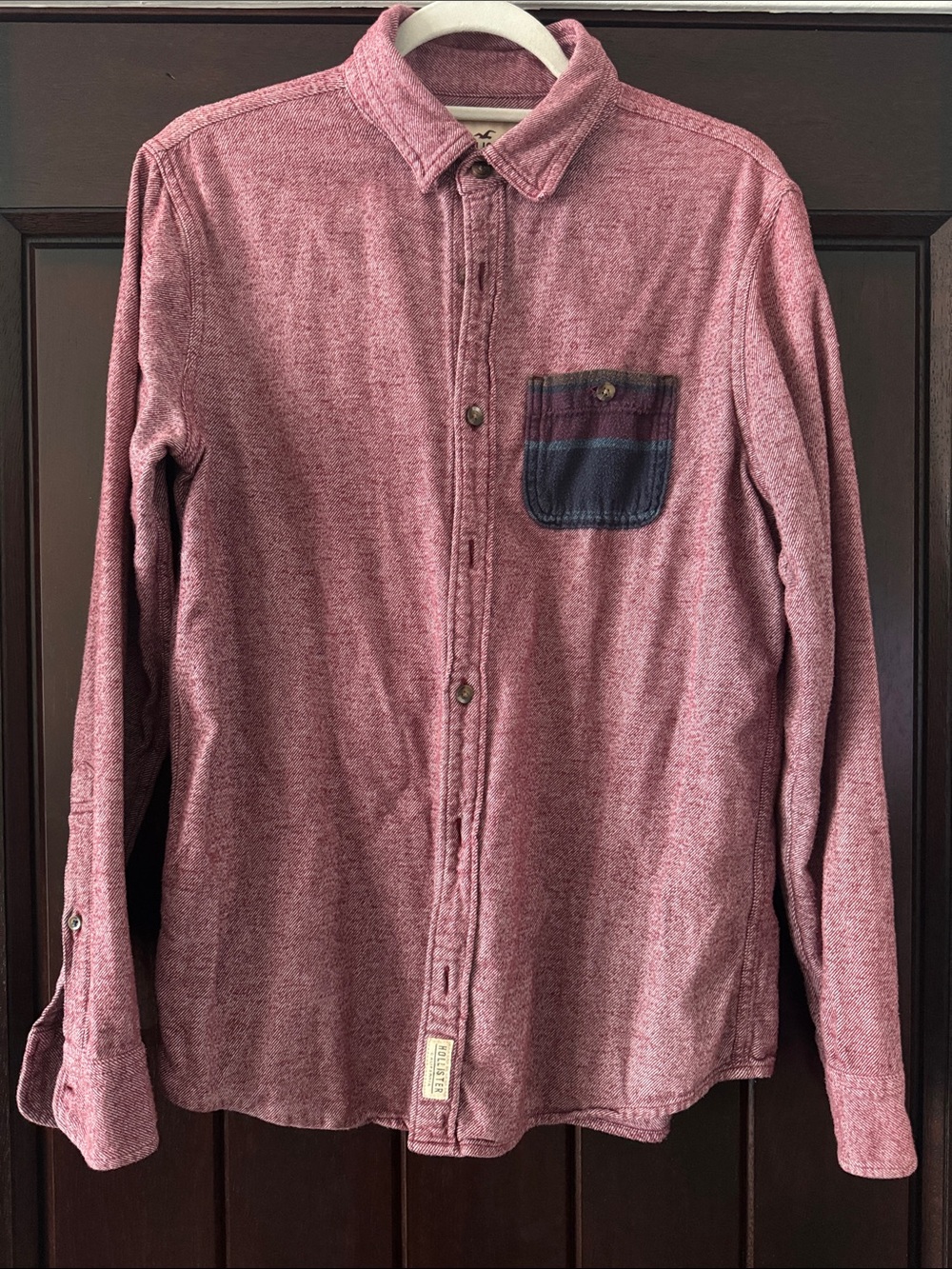 Hollister Men's Heathered Red Button-Down Shirt with Contrast Pocket